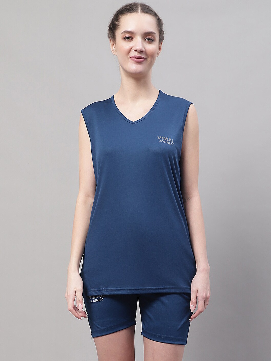 

MACK JONNEY JONNEY V-Neck Sleeveless Dryfit Sports T-Shirt With Shorts, Blue