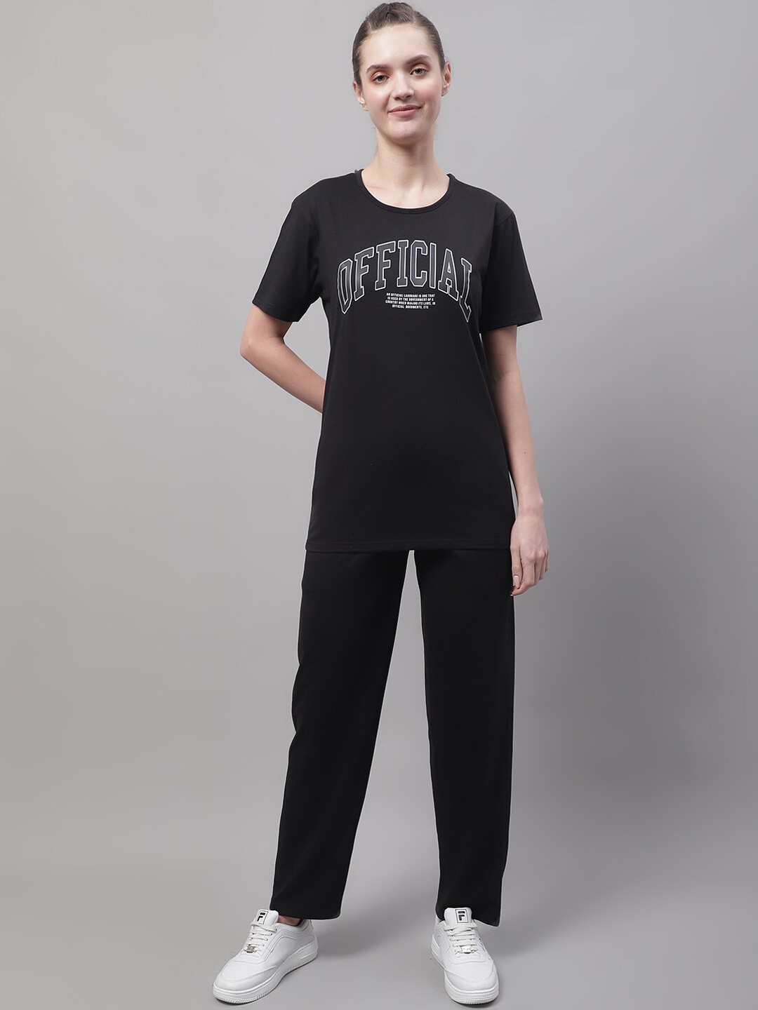 

MACK JONNEY Printed Round Neck Pure Cotton Short Sleeves Co-Ords, Black