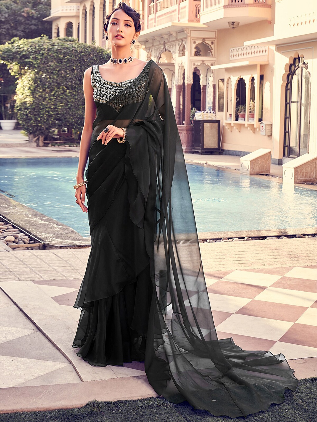 

ODETTE Ruffles Organza Saree, Black