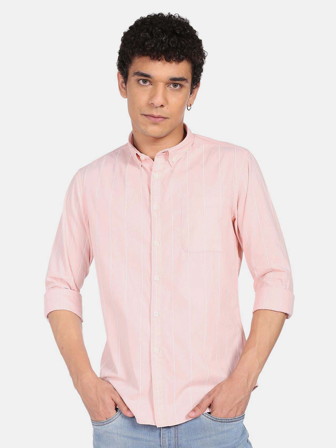 

Flying Machine Vertical Striped Button-Down Collar Pure Cotton Casual Shirt, Pink