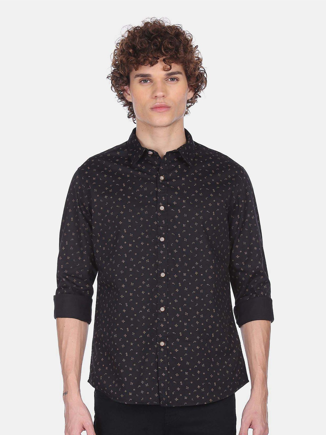 

Flying Machine Micro Ditsy Printed Pure Cotton Casual Shirt, Black