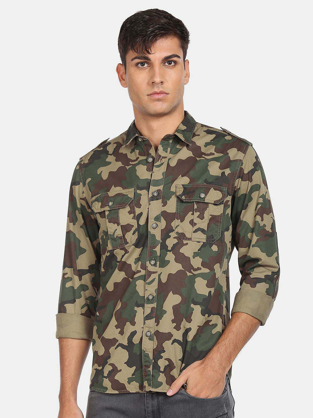 

Flying Machine Camouflage Printed Pure Cotton Casual Shirt, Green