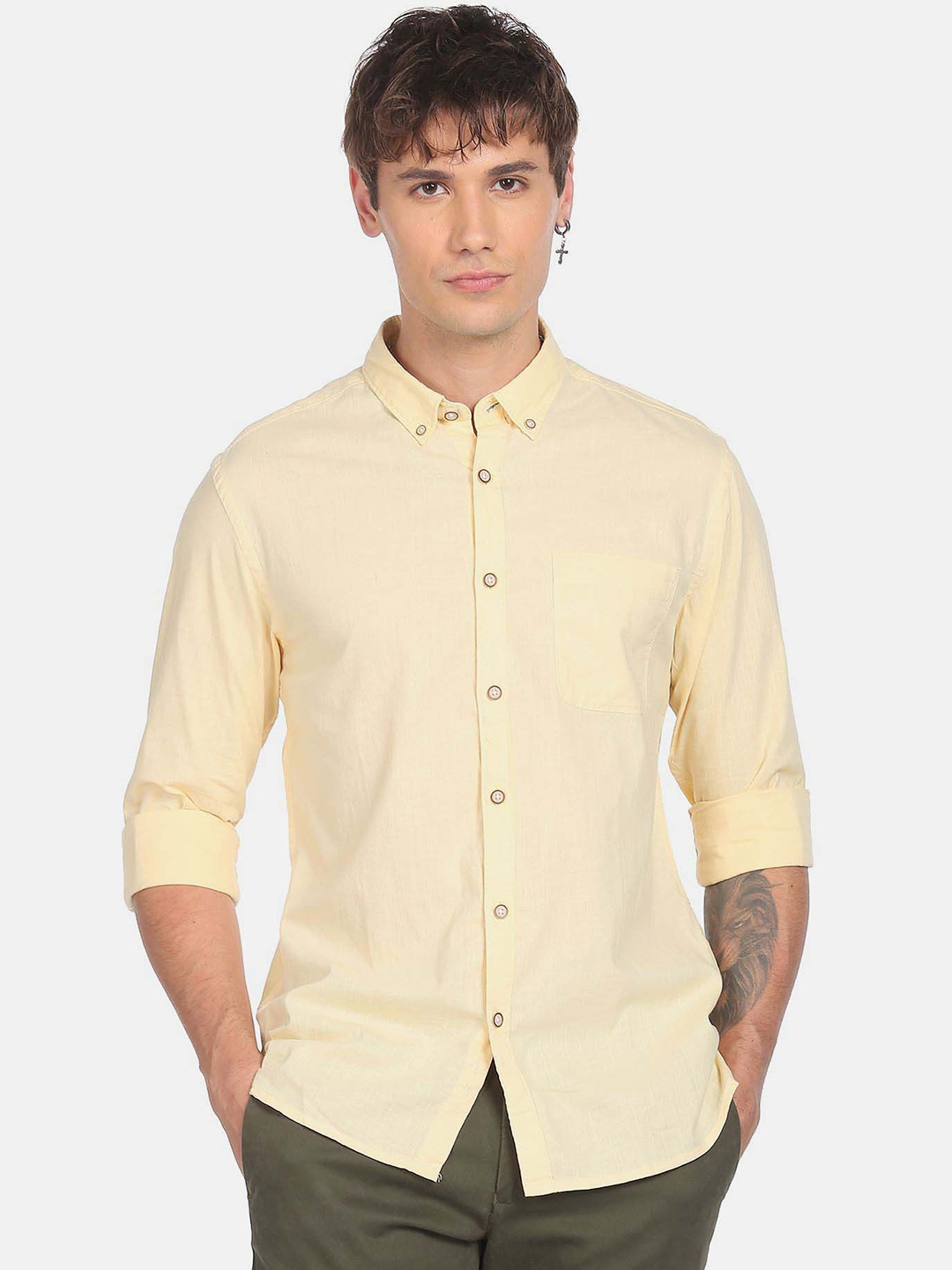

Flying Machine Button-Down Collar Pure Cotton Casual Shirt, Yellow