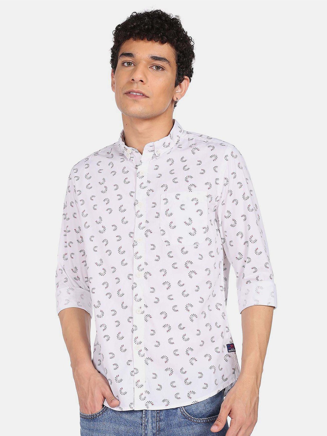 

Flying Machine Floral Printed Button-Down Collar Pure Cotton Casual Shirt, White