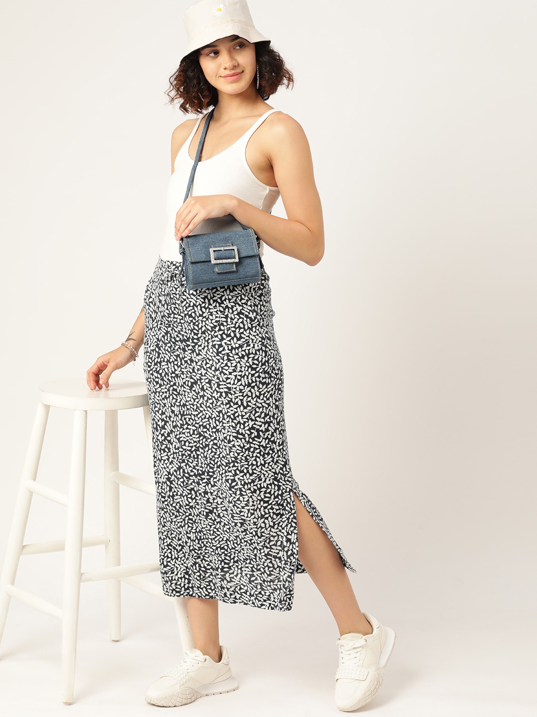 

DressBerry Printed Straight Midi Skirt, Black