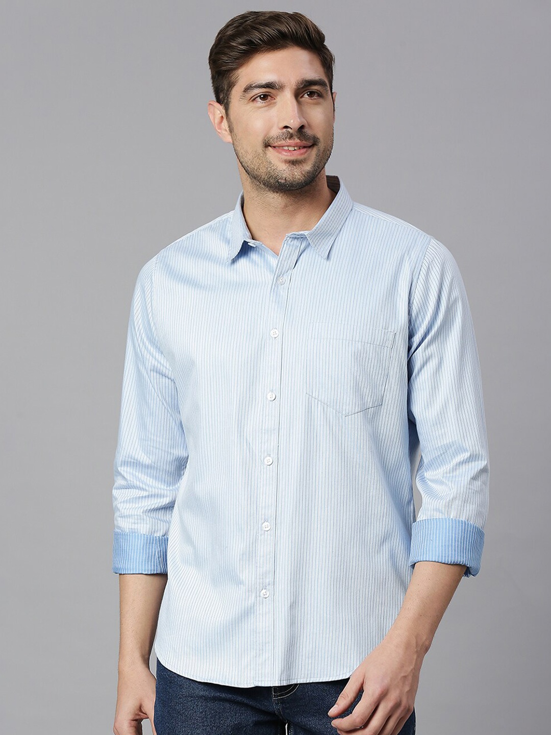 

Thomas Scott Classic Slim Fit Striped Opaque Casual Pure Cotton Shirt, Blue