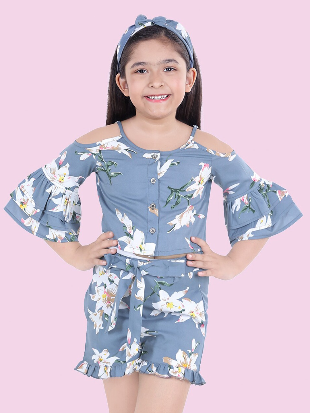 

Naughty Ninos Girls Floral Printed Crop Top with Shorts Clothing Set, Blue