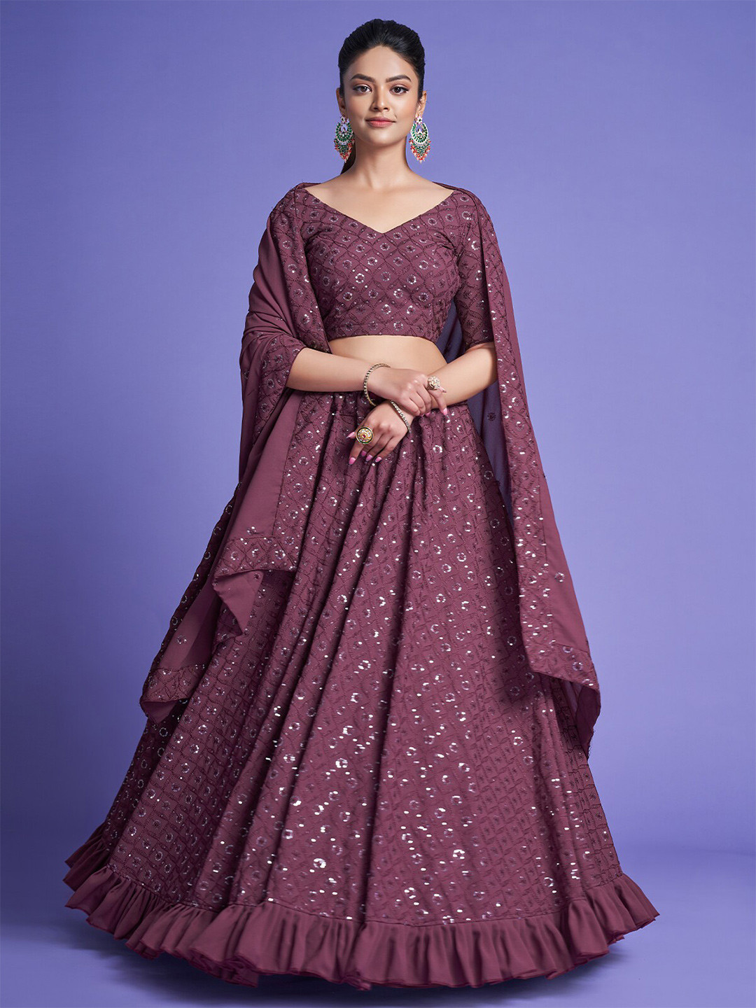 

ODETTE Embroidered Sequinned Semi-Stitched Lehenga Choli With Dupatta, Violet