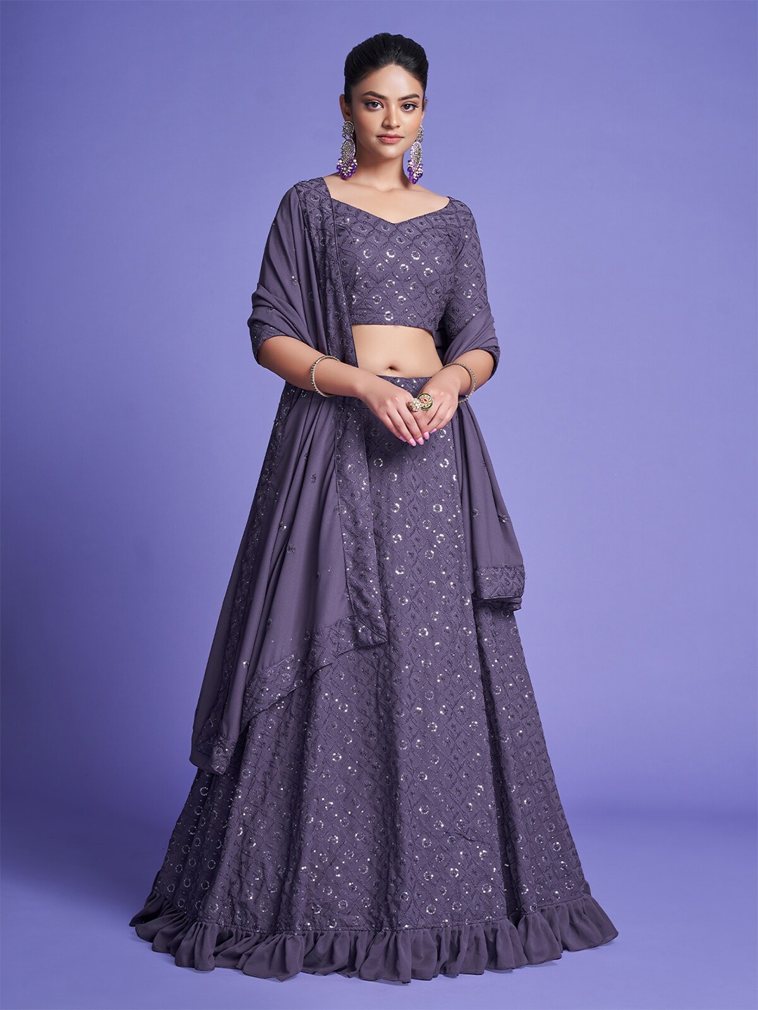 

ODETTE Embroidered Sequinned Semi-Stitched Lehenga Choli With Dupatta, Grey