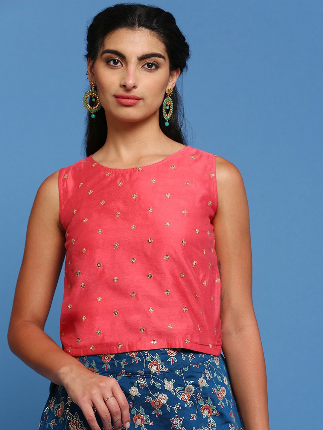 

De Moza Embellished Round Neck sleeveless Regular Ethnic Top, Peach