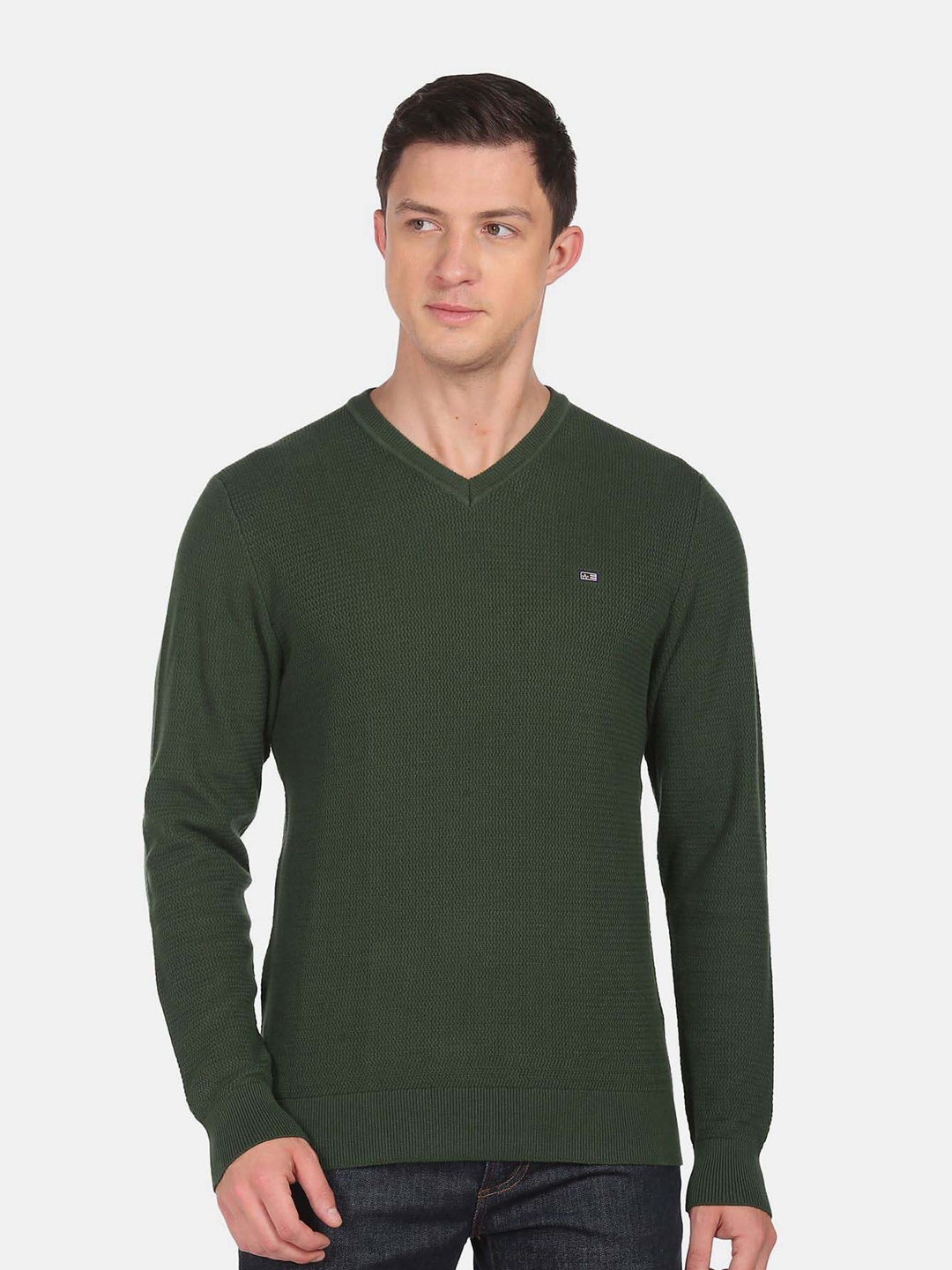 

Arrow Sport V Neck Long Sleeves Cotton Pullover, Green