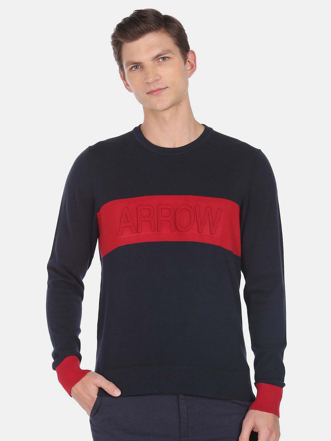 

Arrow Sport Typography Printed Pure Cotton Pullover, Navy blue