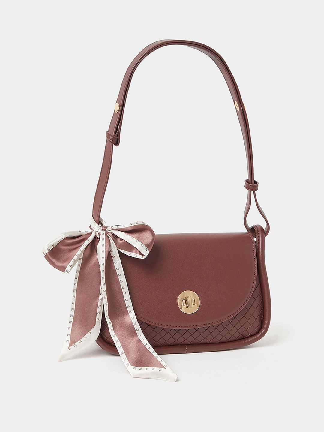 

Styli Solid PU Structured Shoulder Bag With A Scarf, Coffee brown