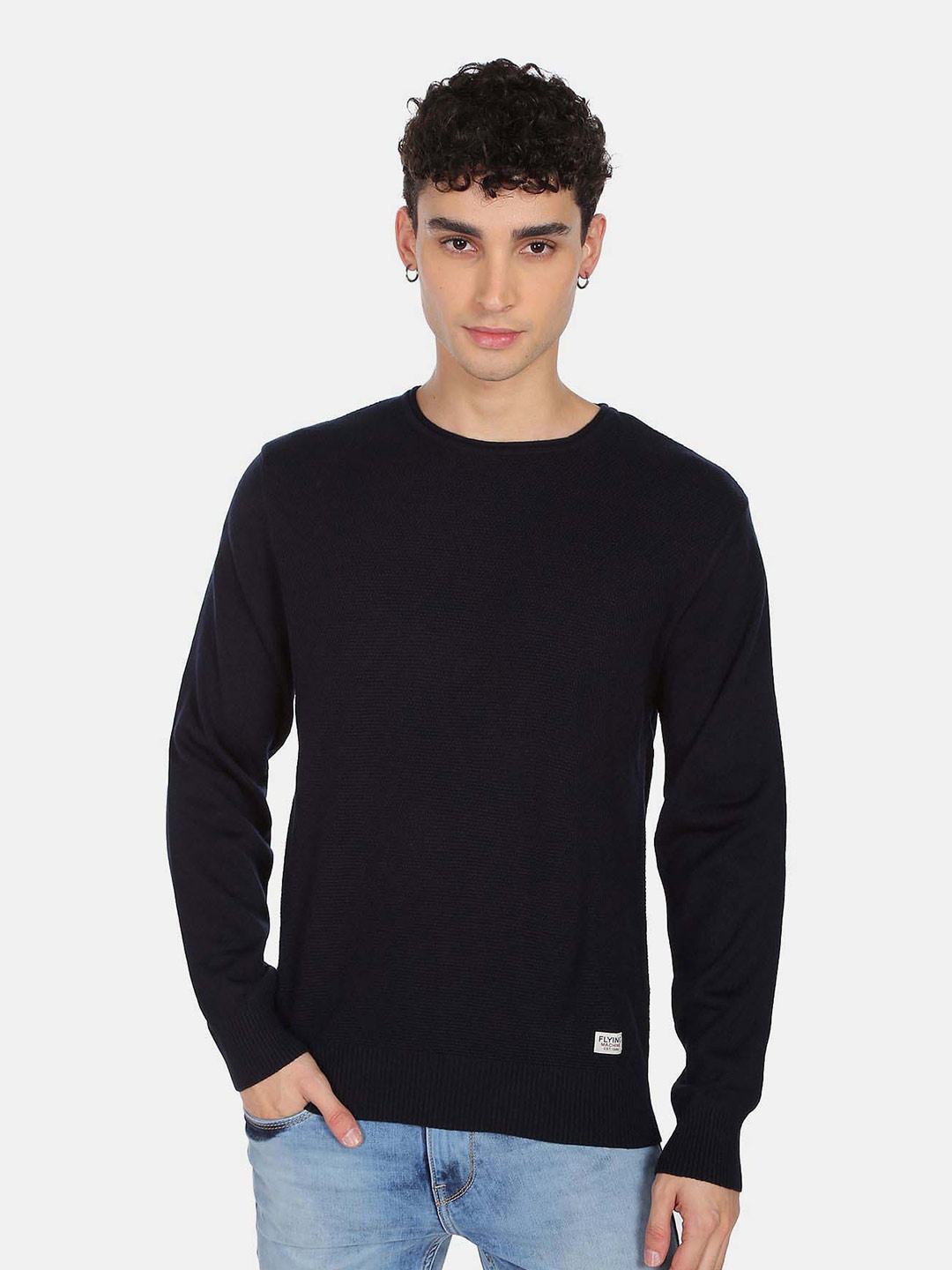 

Flying Machine Round Neck Long Sleeves Cotton Pullover, Navy blue