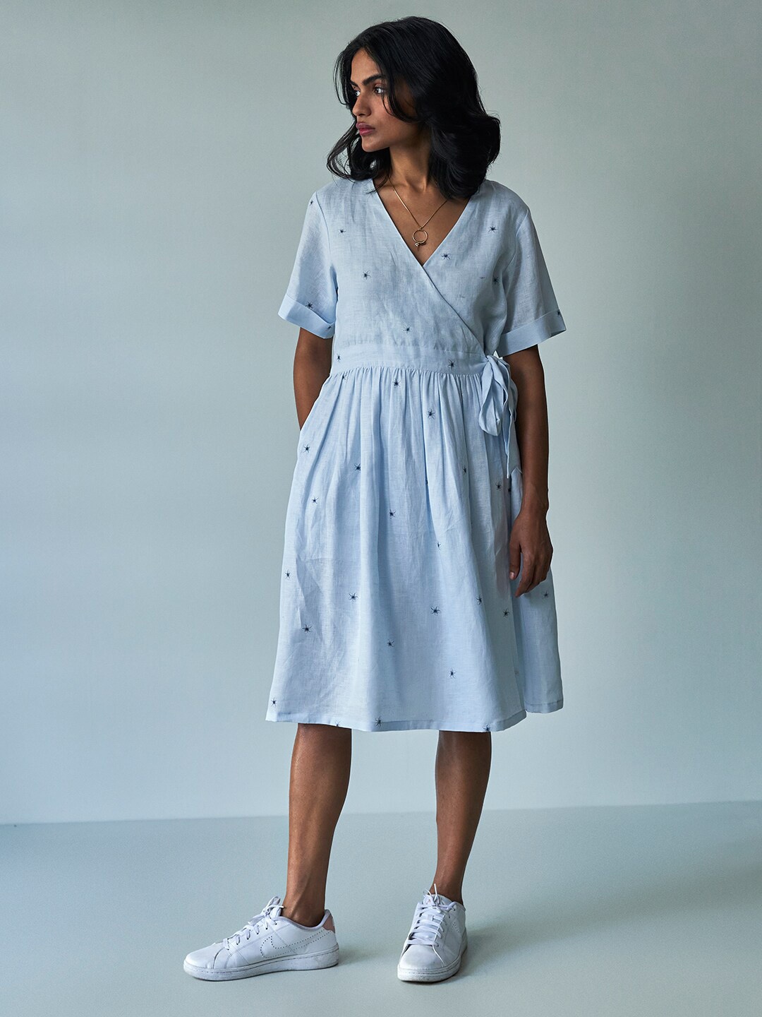 

Ganga Floral Printed Gathered Linen Wrap Dress, Blue