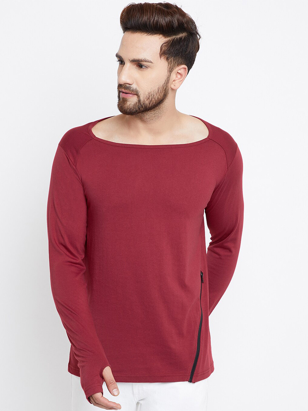 

CHILL WINSTON Boat Neck Raglan Sleeves Slim Fit Cotton T-shirt, Maroon