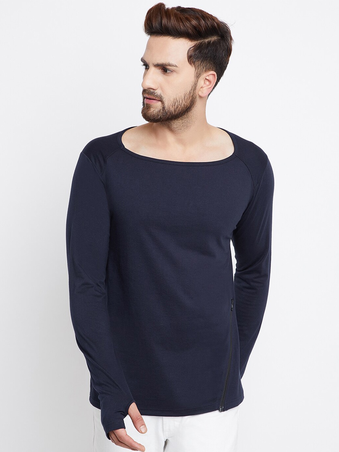 

CHILL WINSTON Boat Neck Long Sleeves Cotton Slim Fit T-shirt, Navy blue