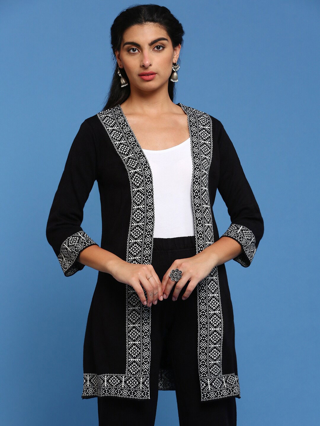 

De Moza Printed Acrylic Longline Open Front Shrug, Black