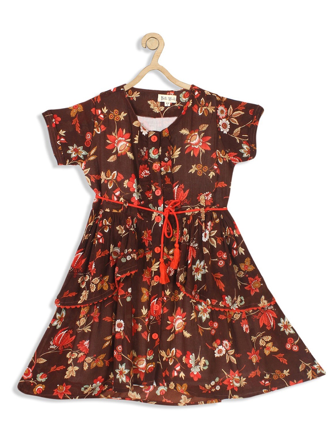 

Bella Moda Girls Floral Printed Belted Pure Cotton Fit & Flare Dress, Brown