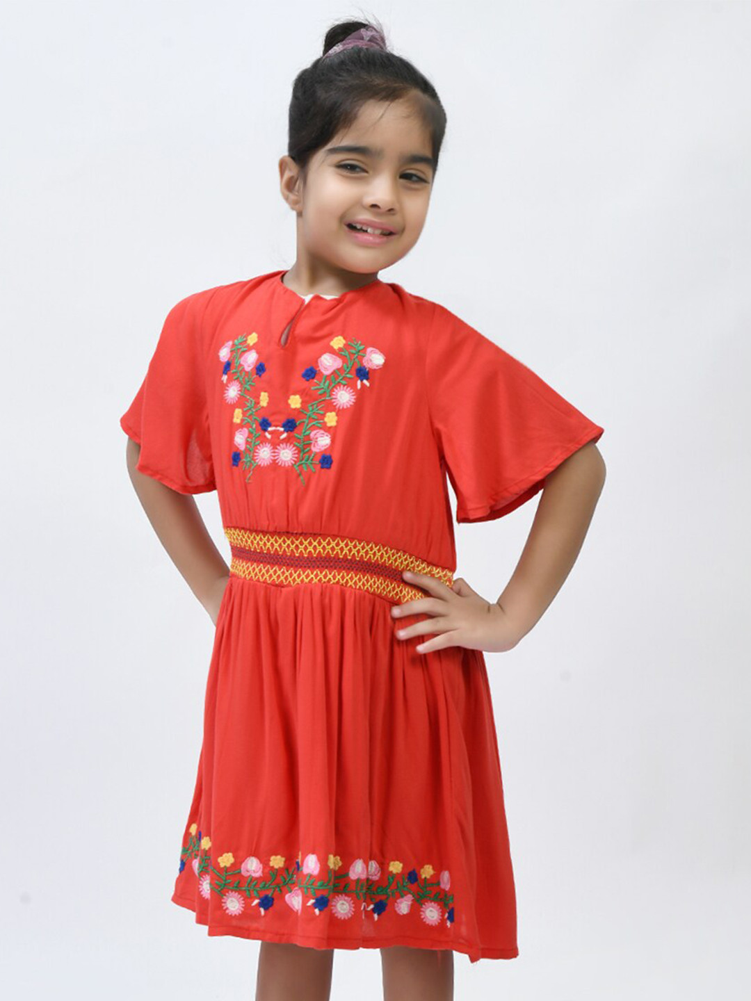 

Bella Moda Girls Floral Embroidered Smocked Pure Cotton Fit & Flare Dress, Orange