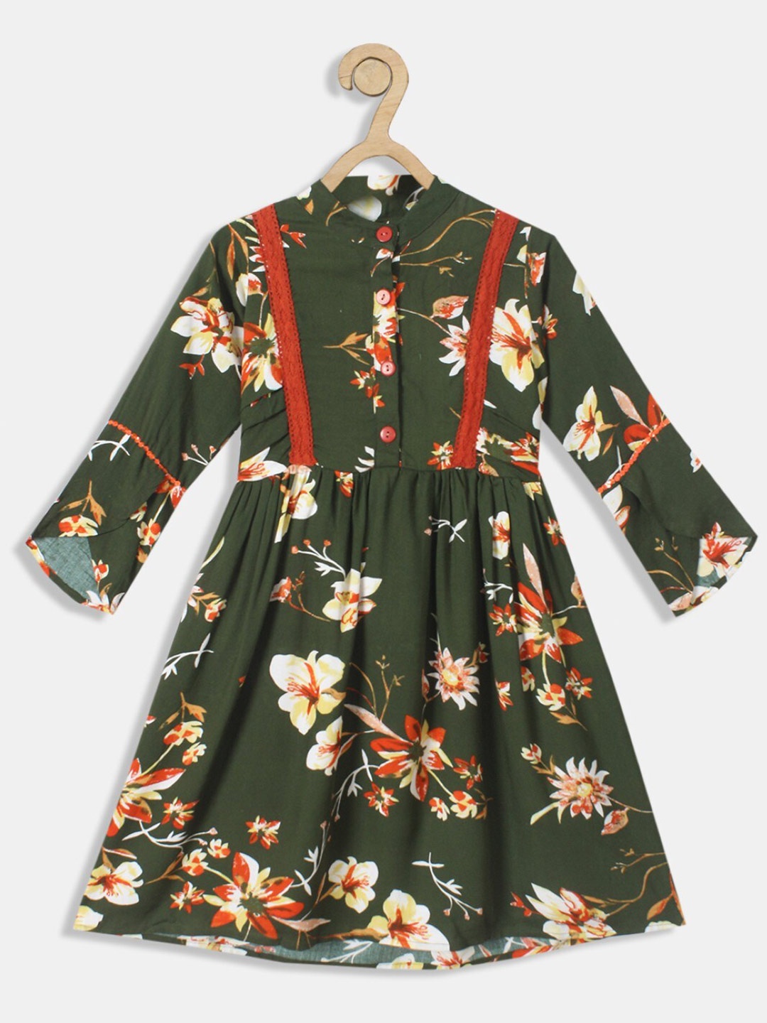 

Bella Moda Girls Floral Printed Pure Cotton Fit & Flare Dress, Olive