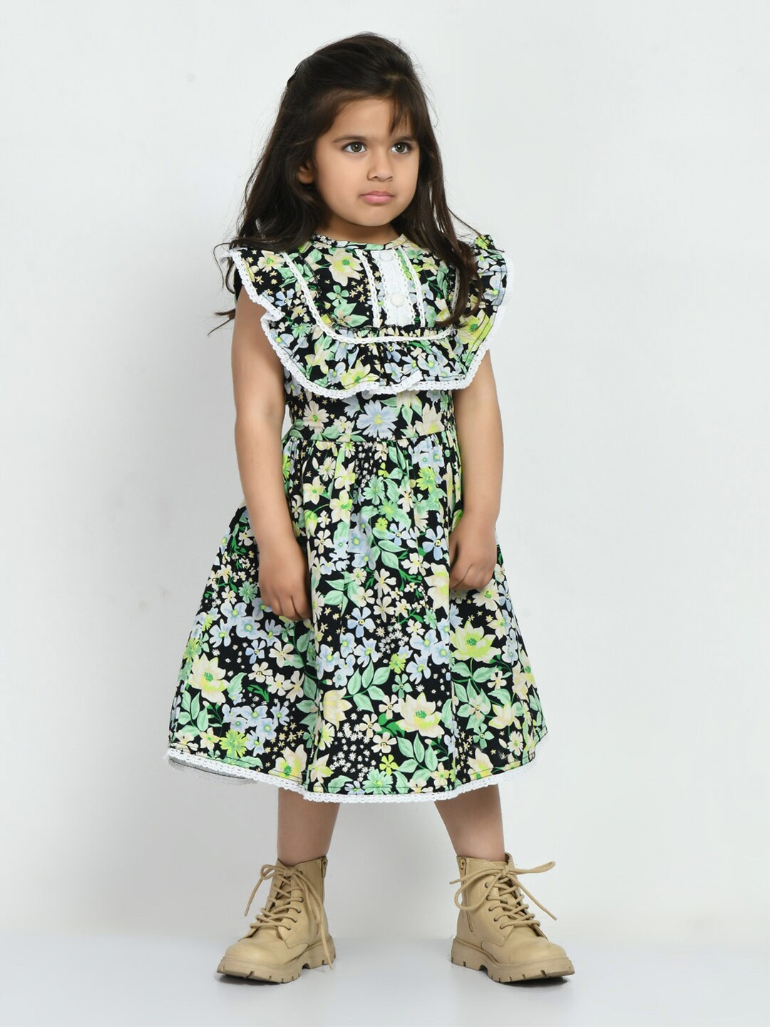 

Bella Moda Girls Floral Printed Ruffled Pure Cotton A-Line Midi Dress, Black