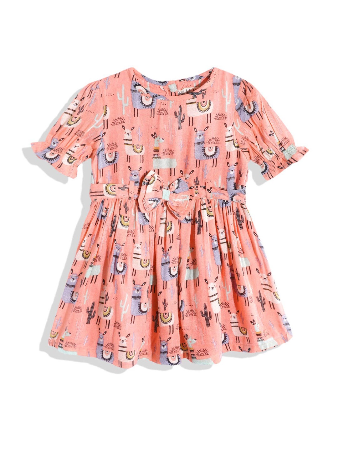 

Bella Moda Girls Conversational Printed Pure Cotton Fit & Flare Dress, Peach