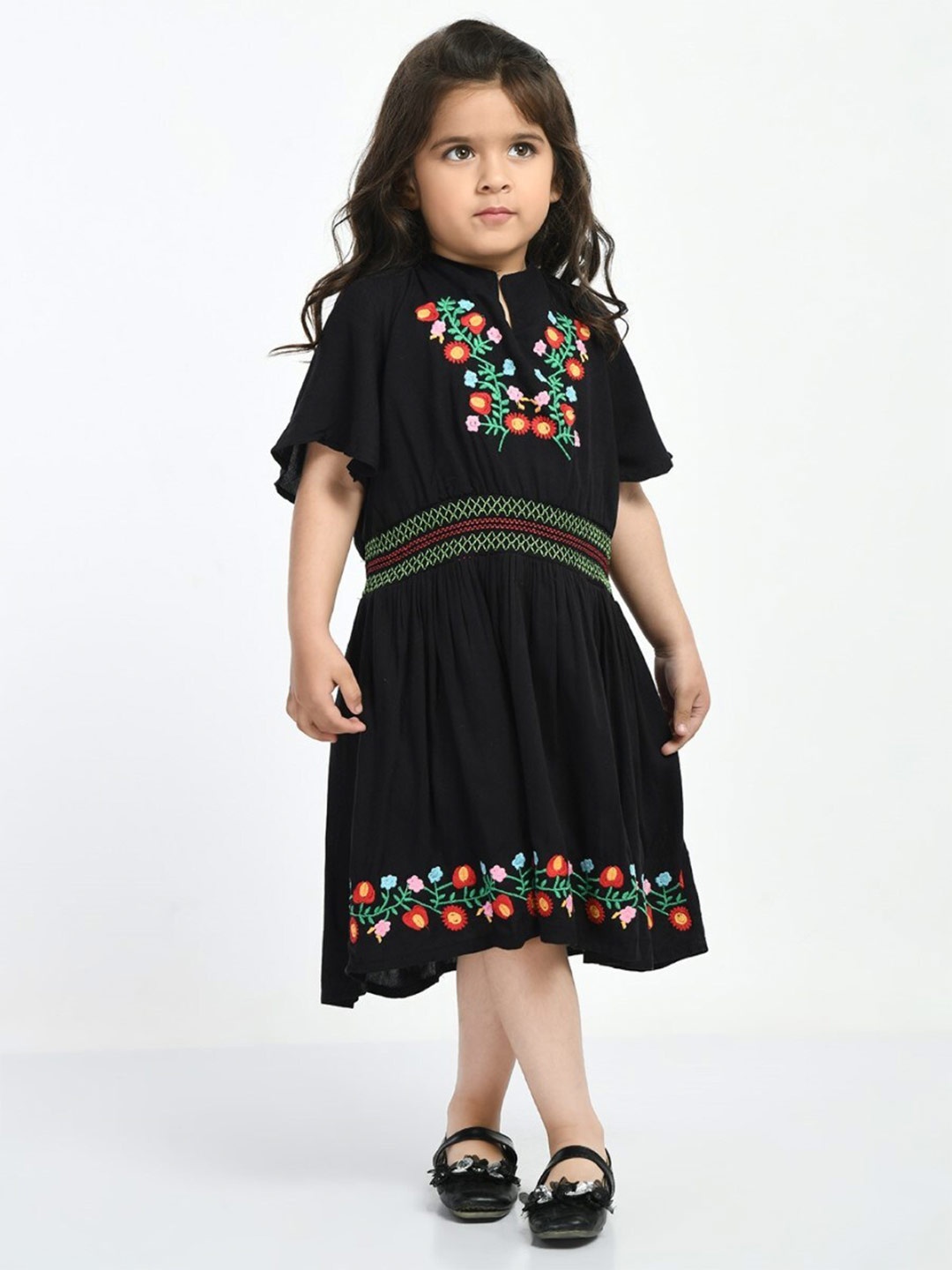 

Bella Moda Girls Floral Embroidered Smocked Pure Cotton A-Line Midi Dress, Black