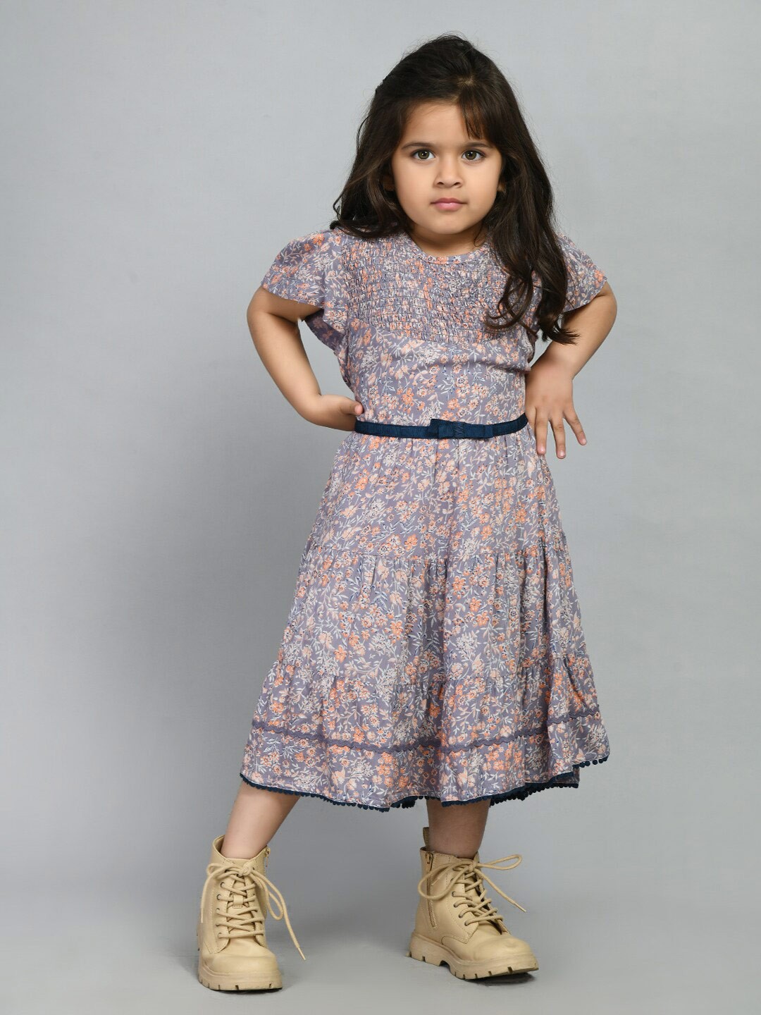 

Bella Moda Girls Floral Printed Smocked Tiered Pure Cotton A-Line Midi Dress, Lavender