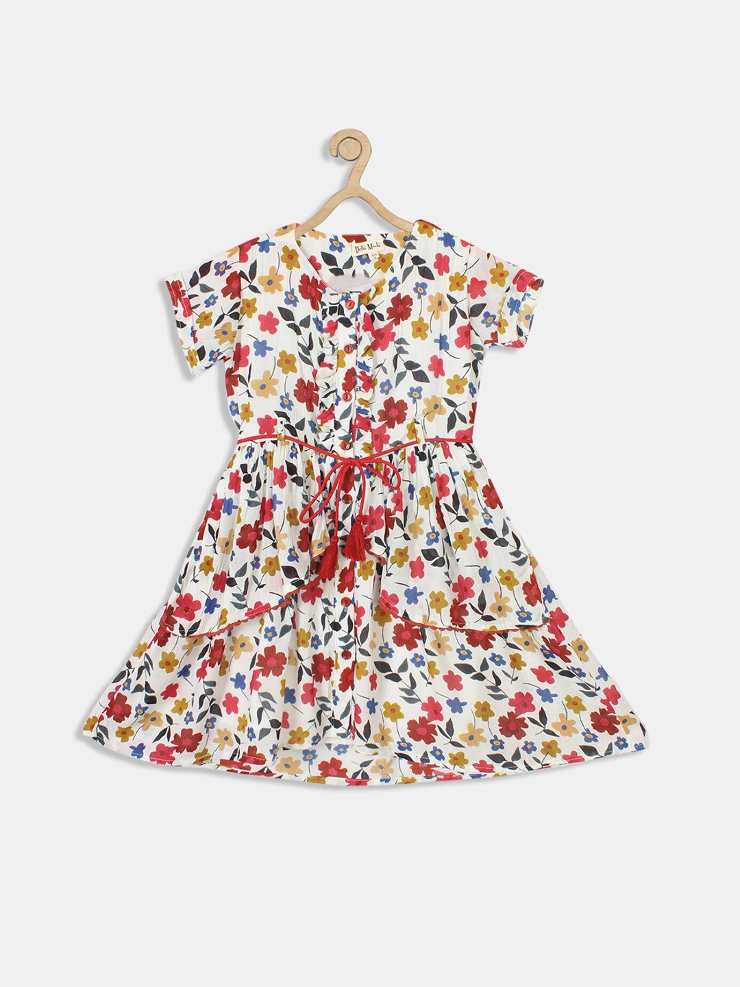 

Bella Moda Girls Floral Printed Belted Pure Cotton Fit & Flare Dress, White
