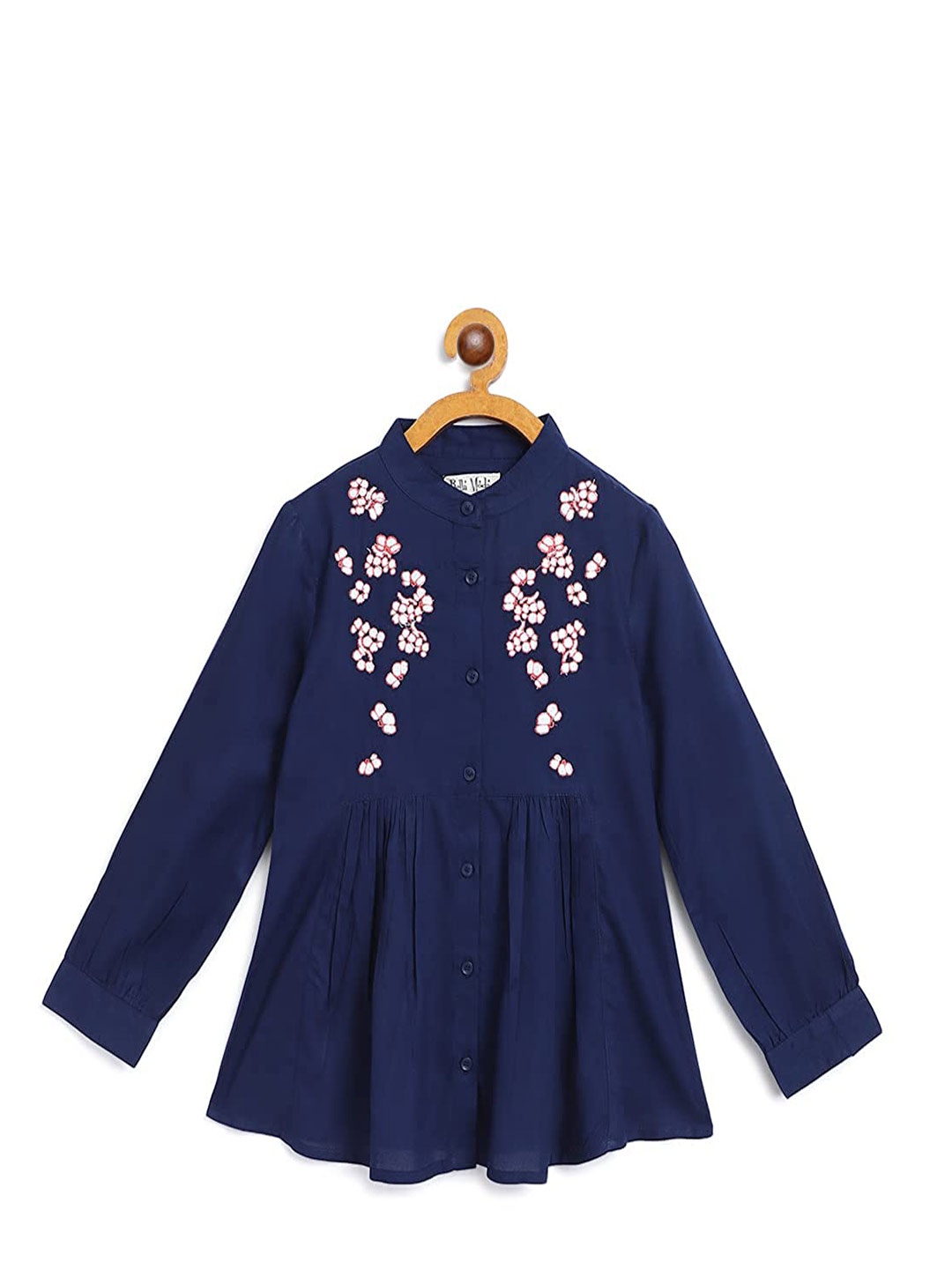 

Bella Moda Girls Floral Embroidered Pleated Pure Cotton Shirt Dress, Navy blue