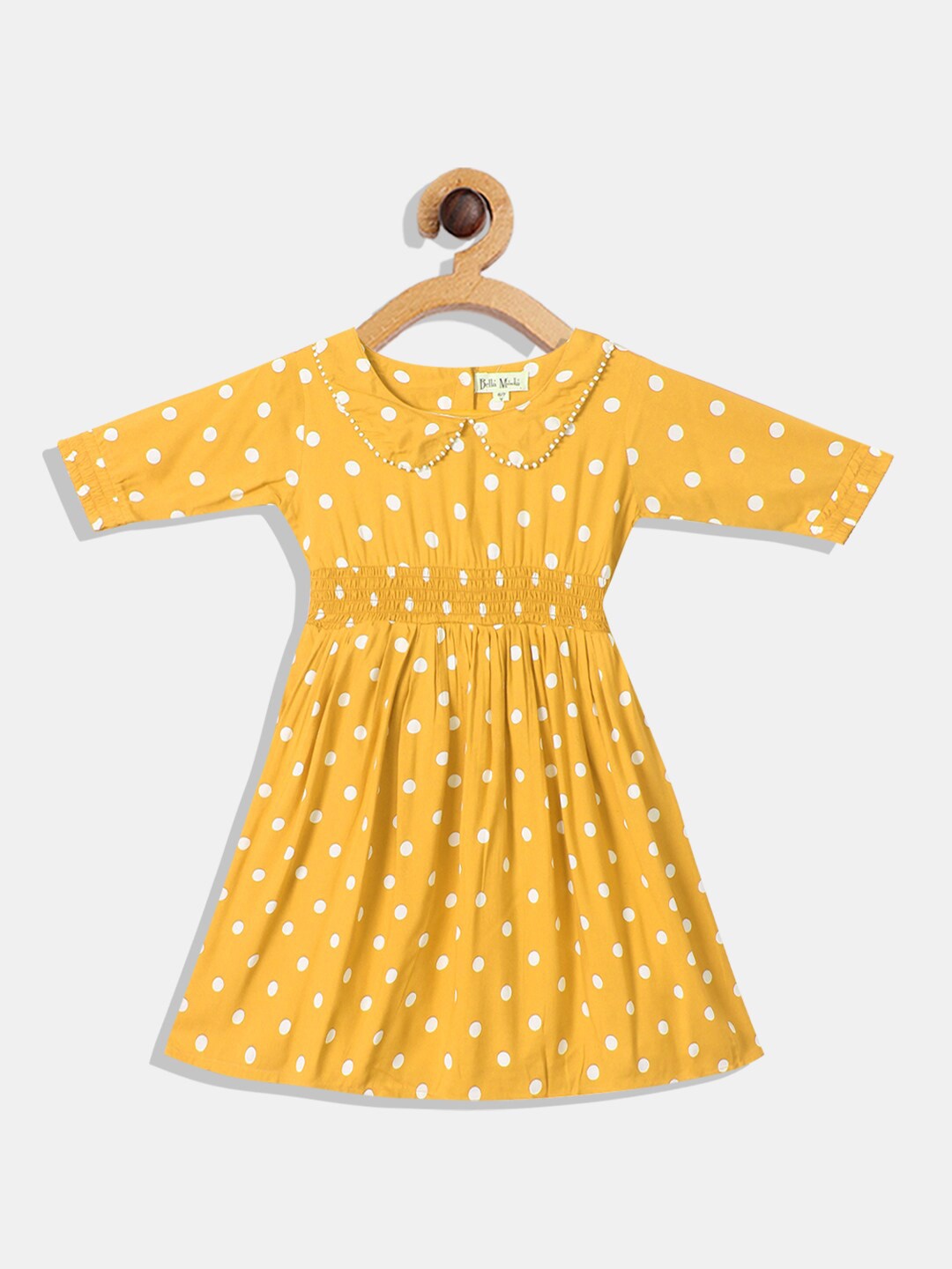 

Bella Moda Girls Polka Dot Printed Peter Pan Collar Pure Cotton Fit & Flare Dress, Yellow