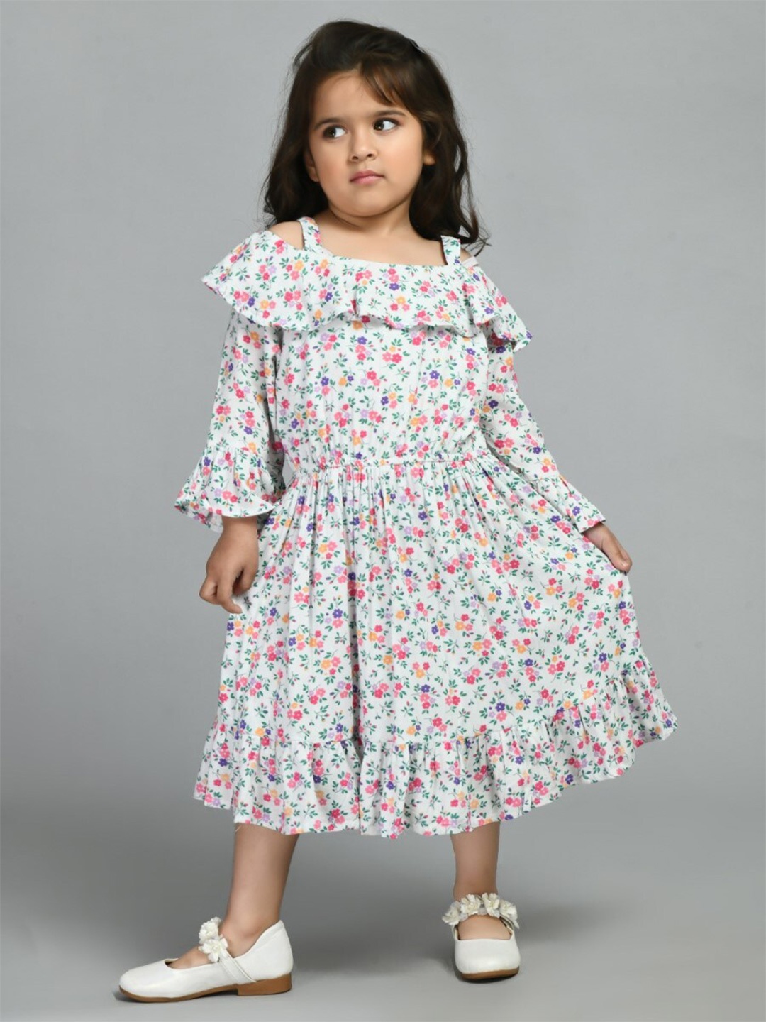 

Bella Moda Girls Floral Print Bell Sleeve Fit & Flare Midi Dress, White