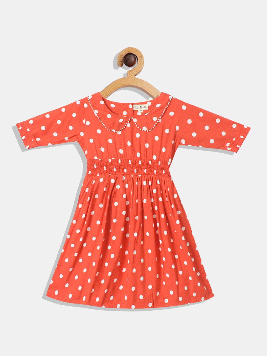 

Bella Moda Girls Polka Dots Printed Smocked Pure Cotton Fit & Flare Dress, Orange