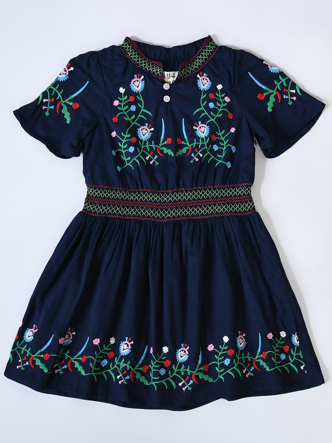 

Bella Moda Girls Floral Embroidered Pure Cotton Fit & Flare Dress, Navy blue
