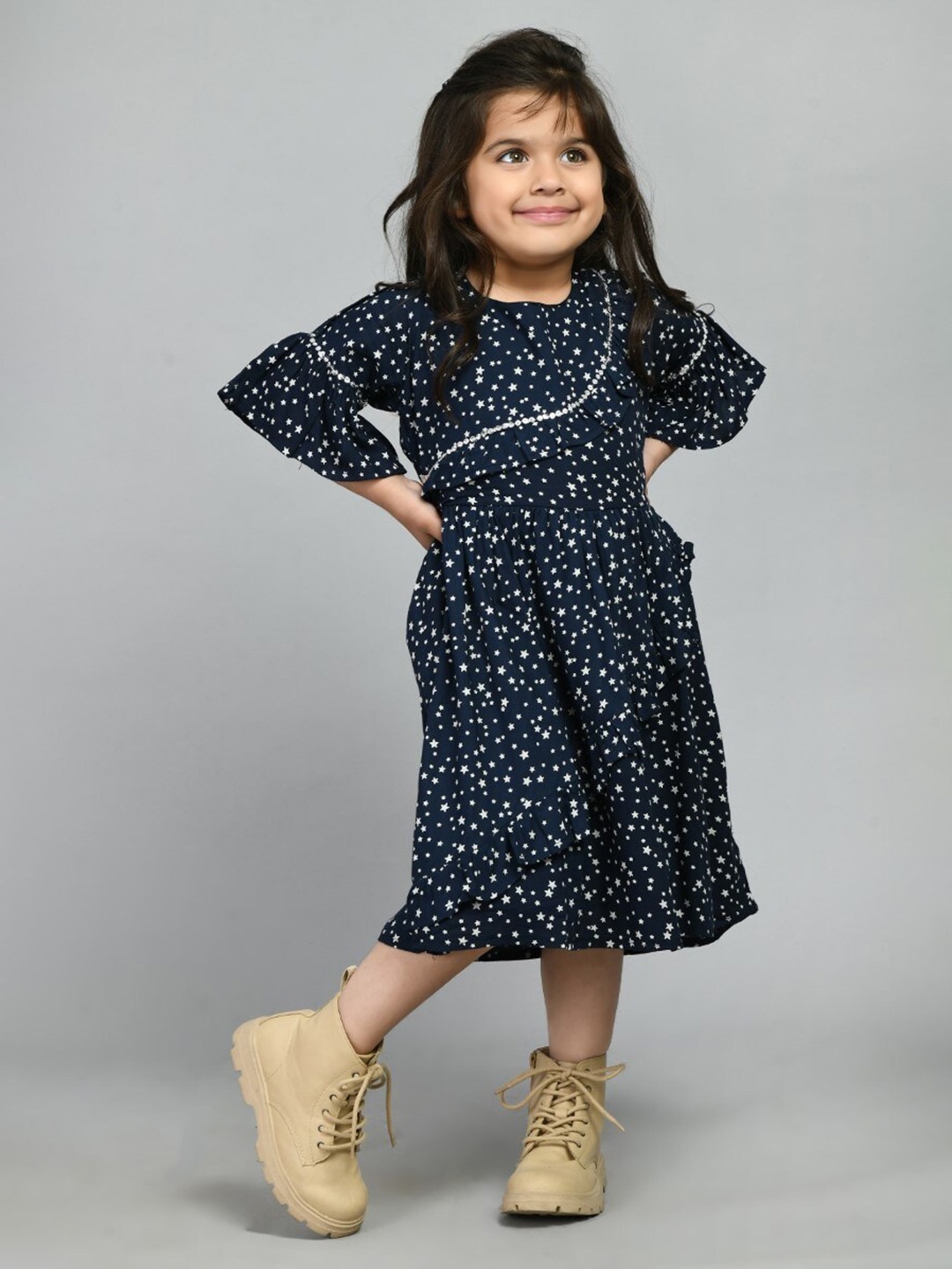 

Bella Moda Girls Geometric Printed Pure Cotton Fit & Flare Dress, Black