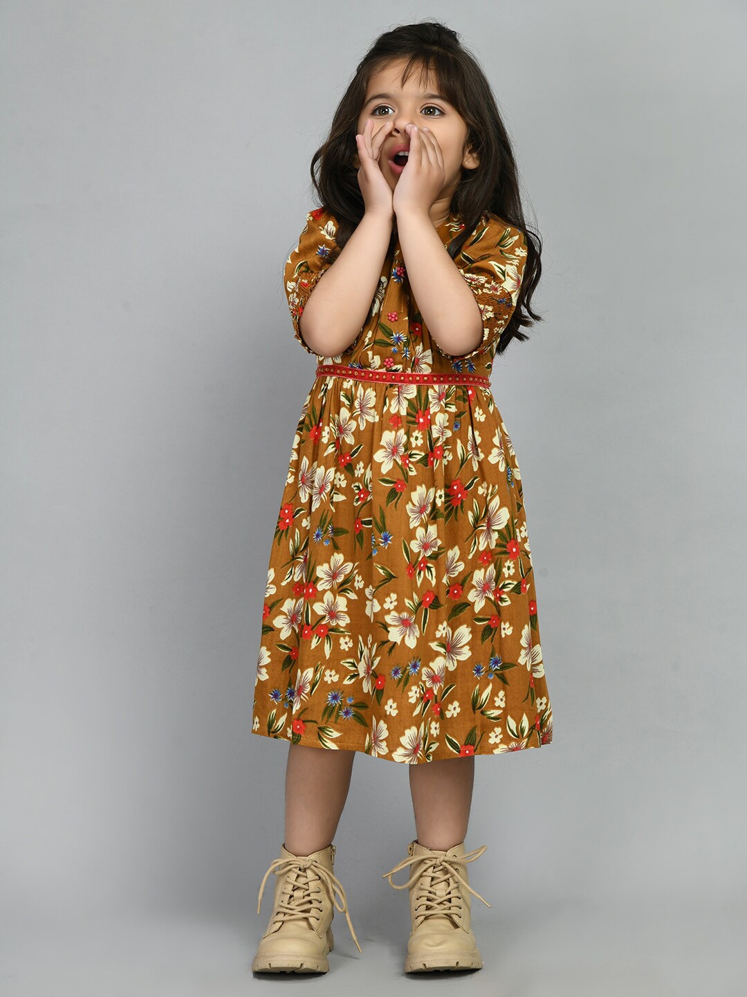 

Bella Moda Girls Floral Print Empire Dress, Brown
