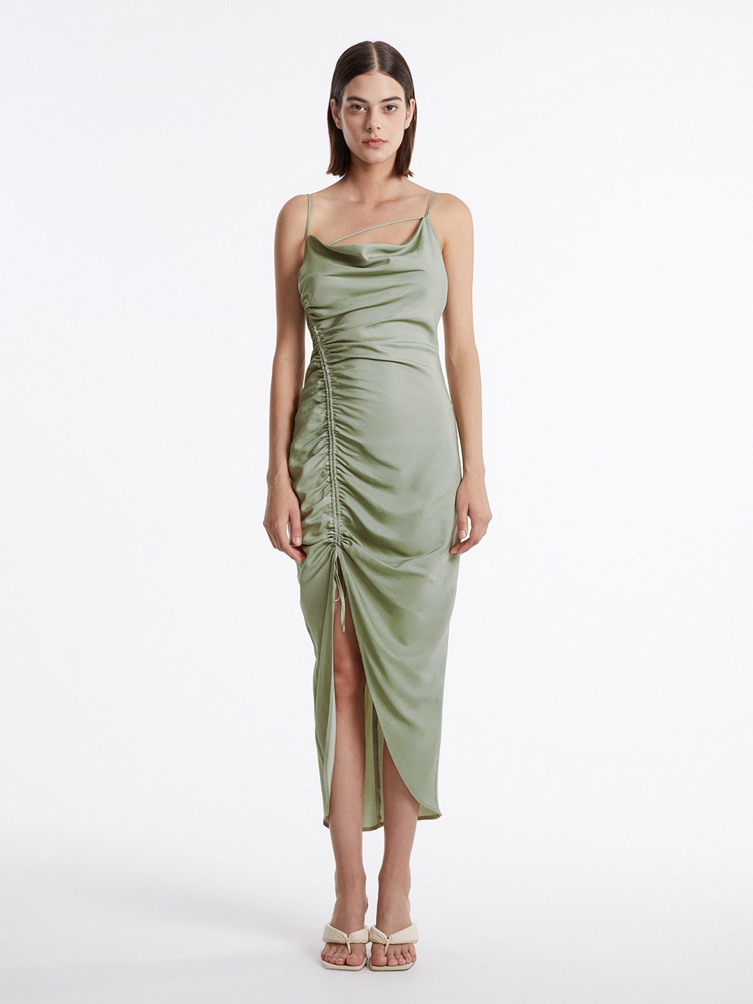 

Urban Revivo Satin Ruched Midi Sheath Dress, Green