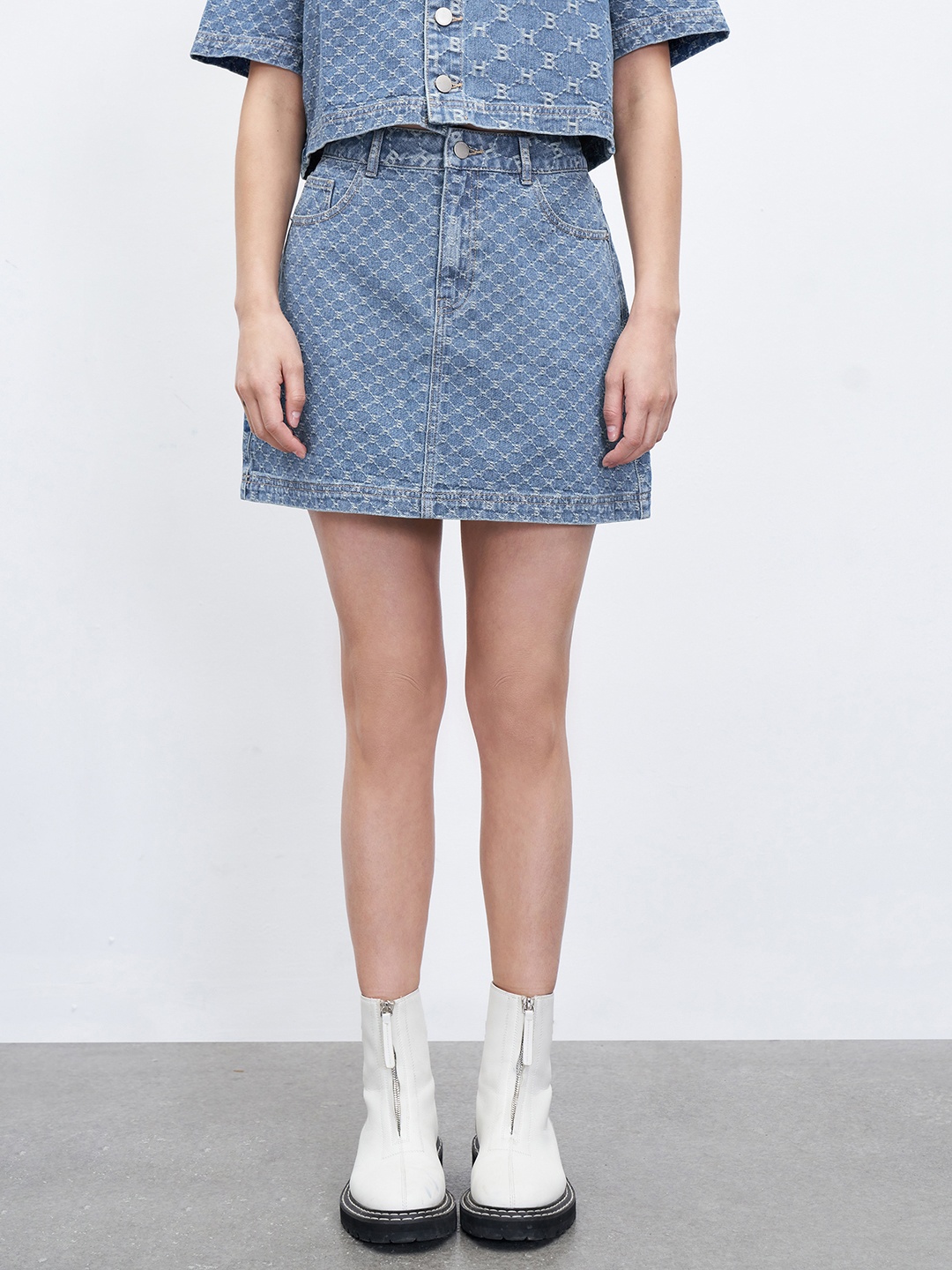 

Urban Revivo Checked Denim Mini Skirt, Blue