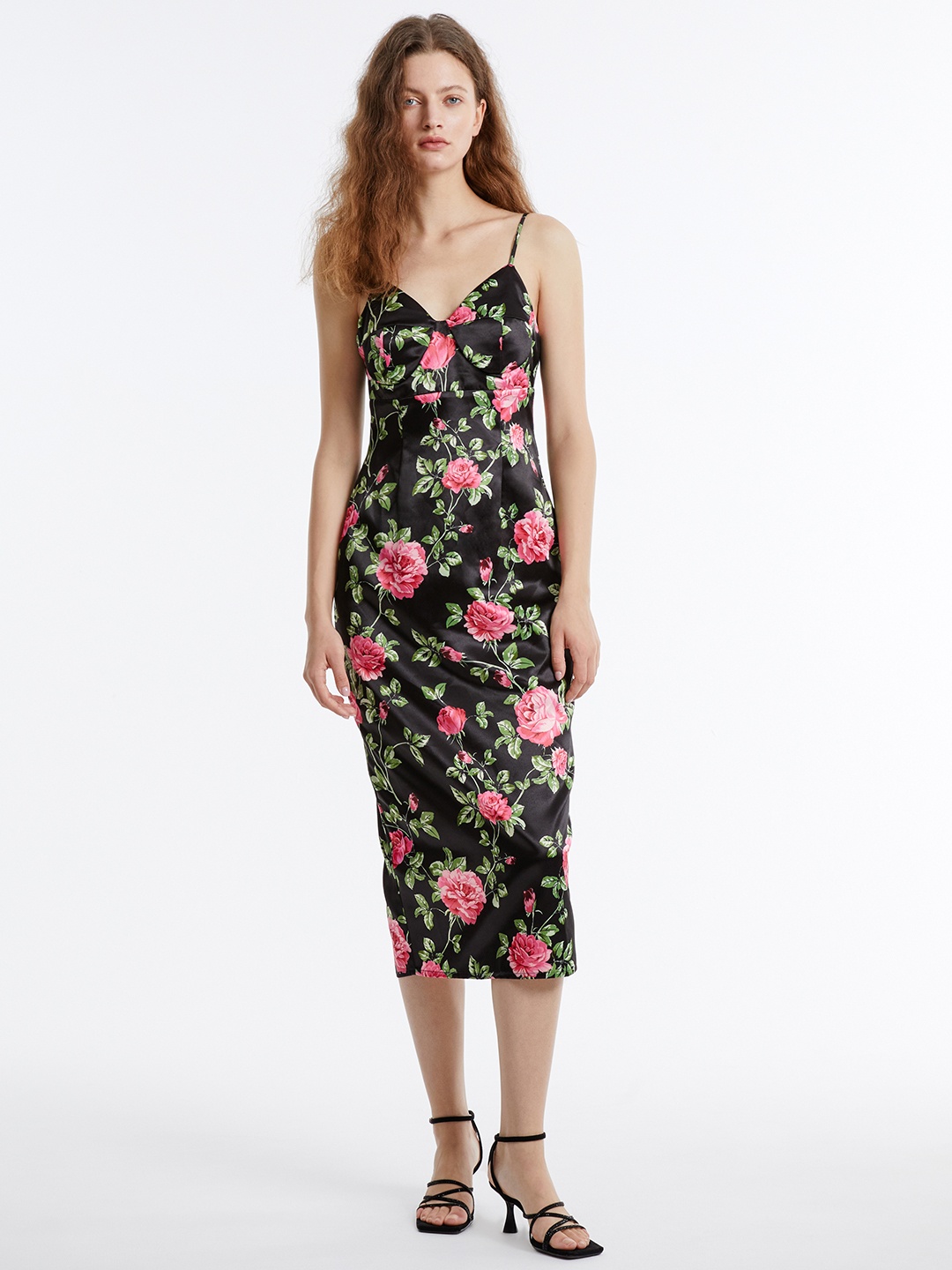 

Urban Revivo Floral Print Satin Sheath Midi Dress, Black