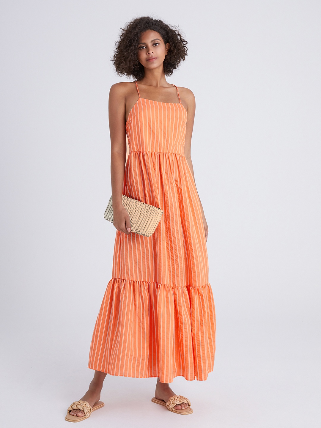 

Urban Revivo Striped A-Line Tiered Maxi Dress, Orange