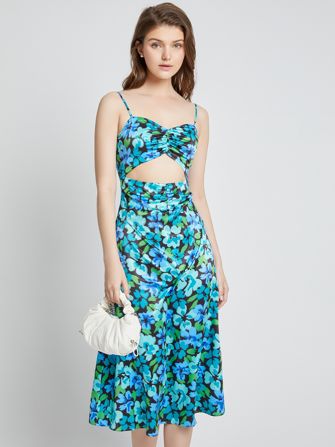 

Urban Revivo Cut Out Detail Floral Print Satin A-Line Midi Dress, Black