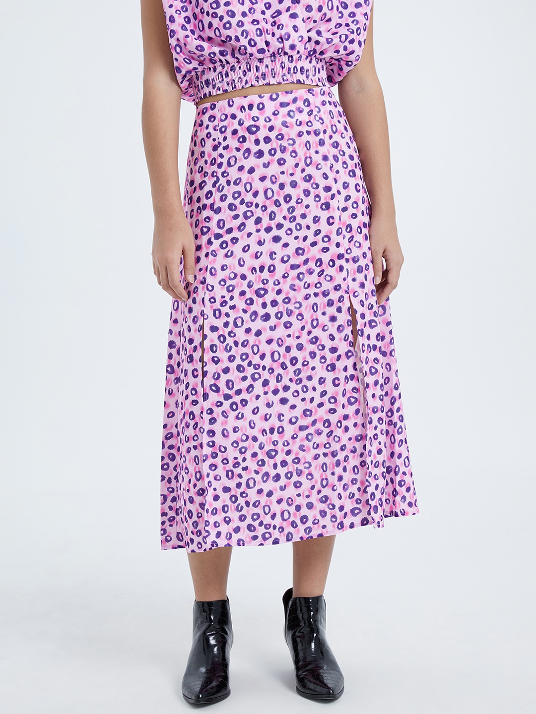 

Urban Revivo Animal Printed Multiple Slit A-Line Midi Skirt, Lavender