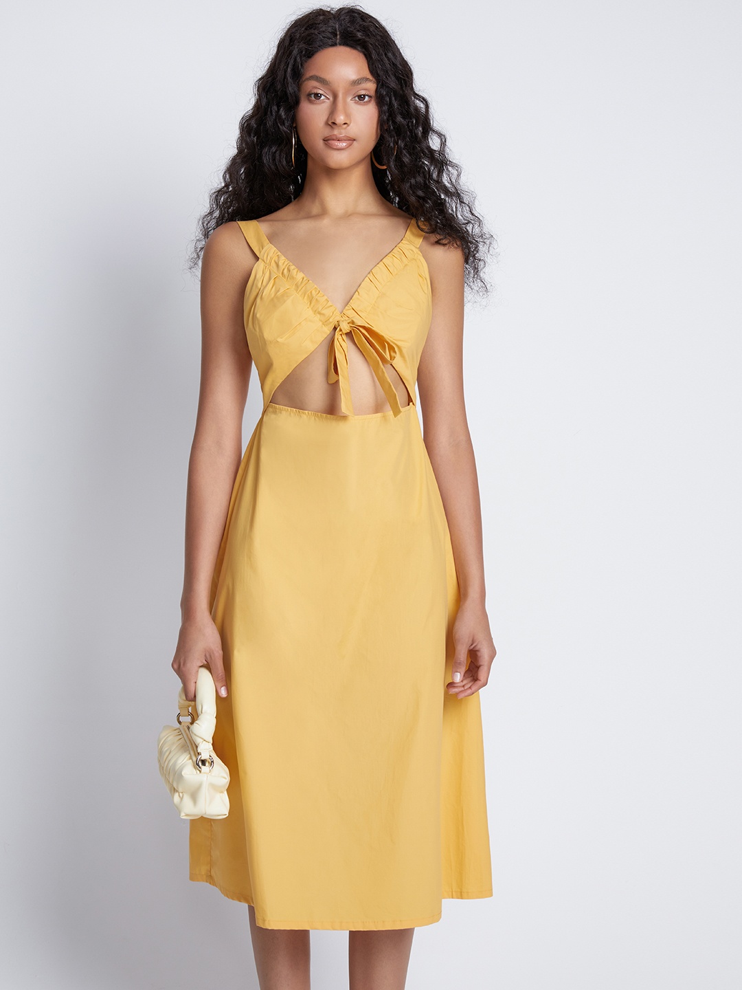 

Urban Revivo Cotton Tie-Up & Cut Out Detail A-Line Midi Dress, Mustard