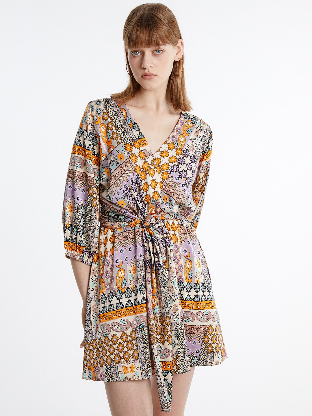 

Urban Revivo Floral Print Belted Satin A-Line Mini Dress, Mustard
