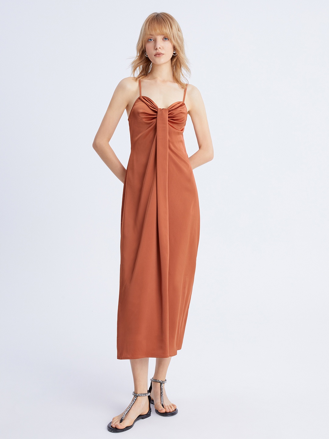 

Urban Revivo Pleated Shoulder Straps Satin A-Line Midi Dress, Rust