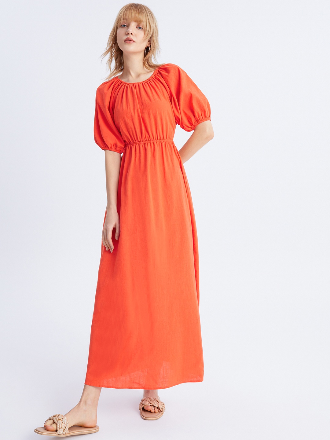 

Urban Revivo Pure Cotton Styled Back Puff Sleeves Maxi Dress, Orange