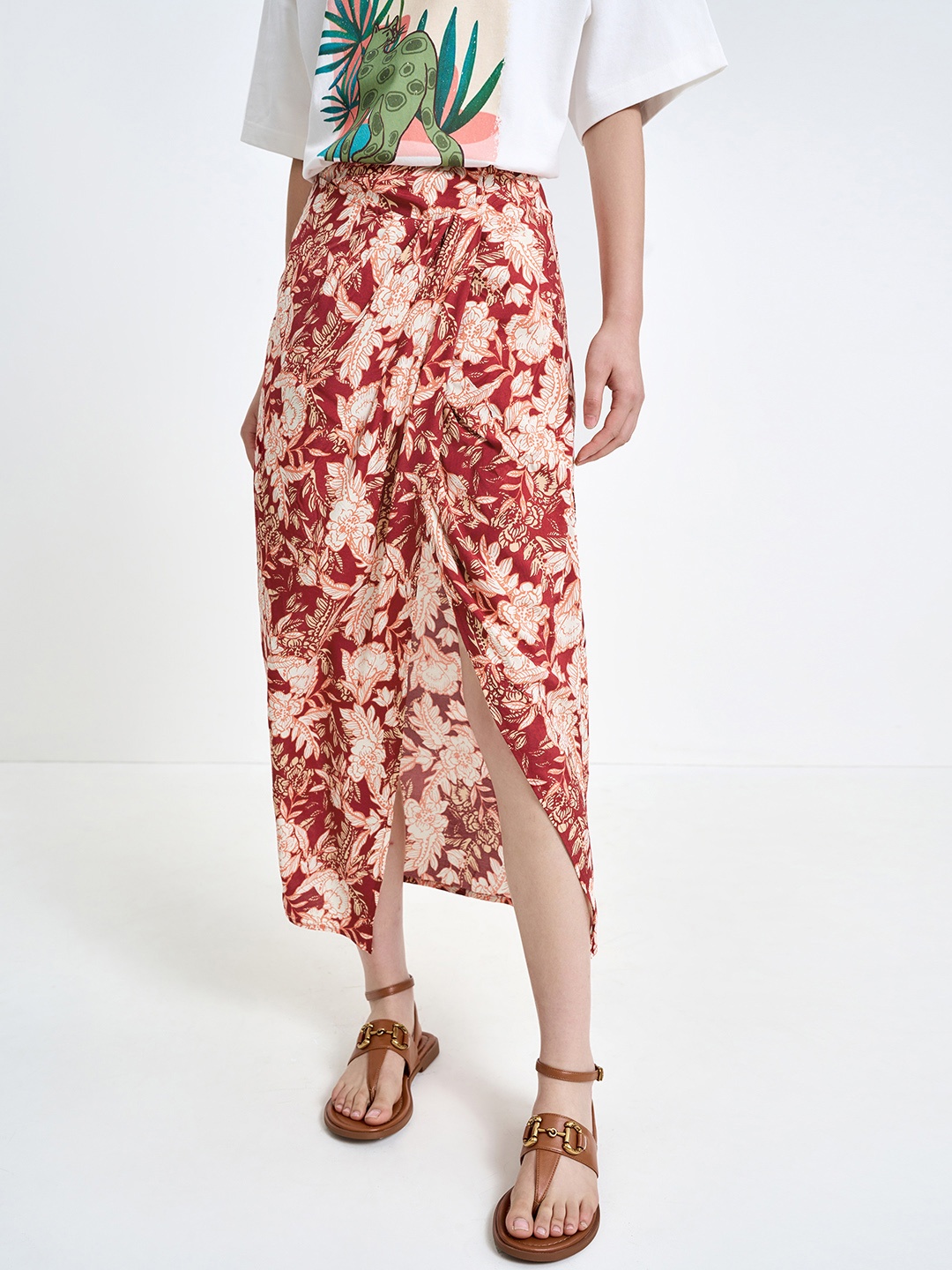 

Urban Revivo Floral Print Wrap Midi Skirt, Maroon