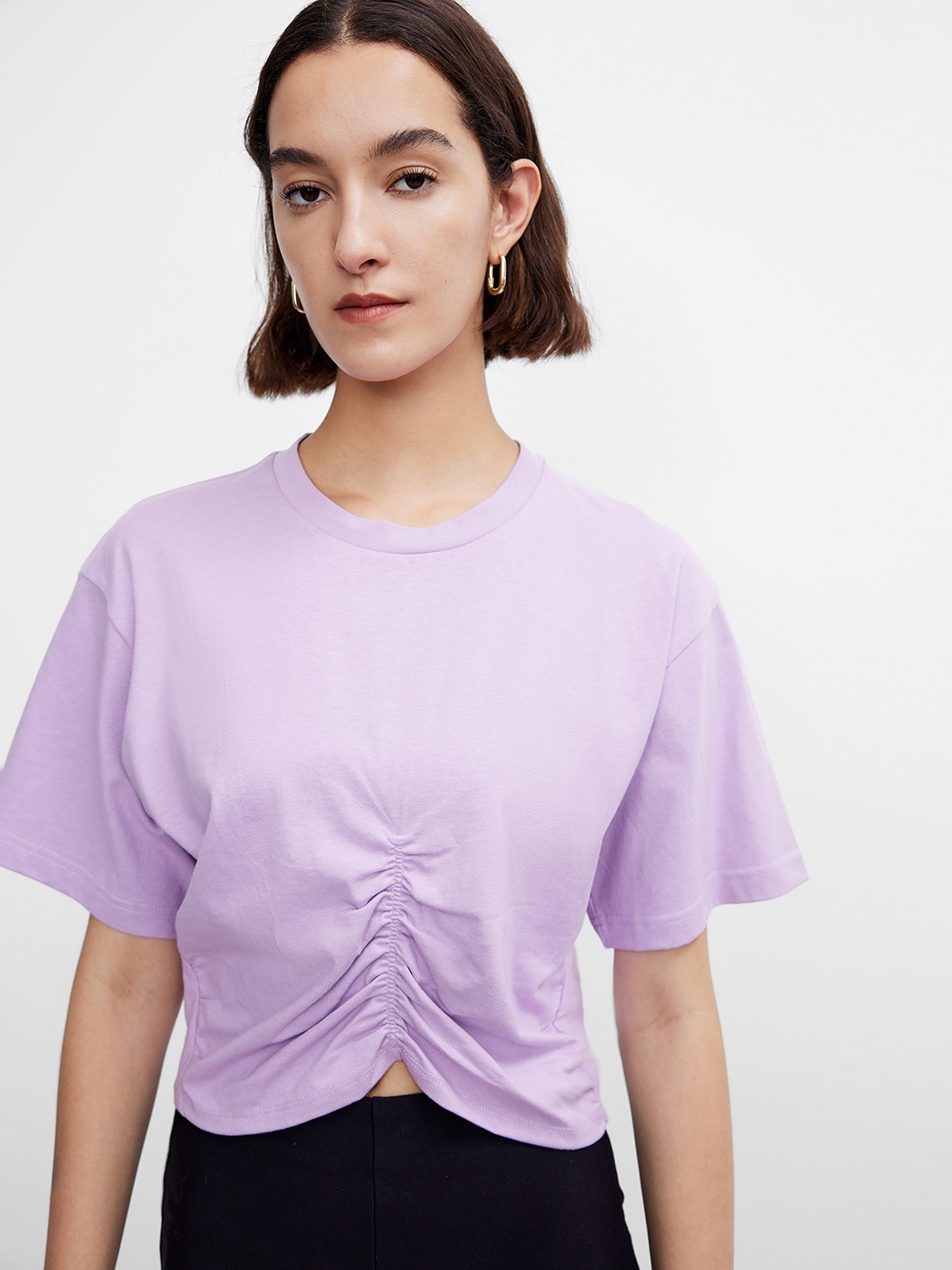 

Urban Revivo Women Ruched Pure Cotton T-shirt, Lavender