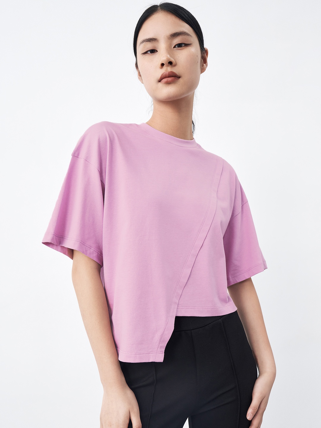 

Urban Revivo Drop-Shoulder Sleeves Pure Cotton T-shirt, Lavender